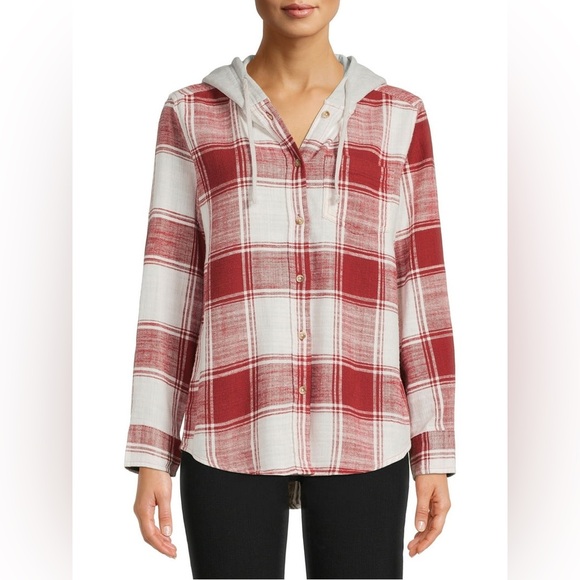 Time And Tru Women's Hooded Flannel Button Down Top in Red Paprika Size Medium - Picture 1 of 7